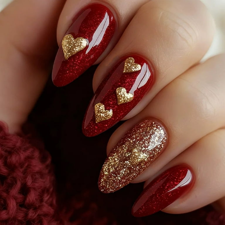 Deep Red Stilettos with Gold Hearts Deep Red Stilettos with Gold Hearts — Burgundy Christmas Nails 2026