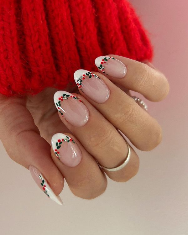 Holly Berry French Tip Oval Nails Holly Berry French Tip Oval Nails — Classy Christmas Nails 2026