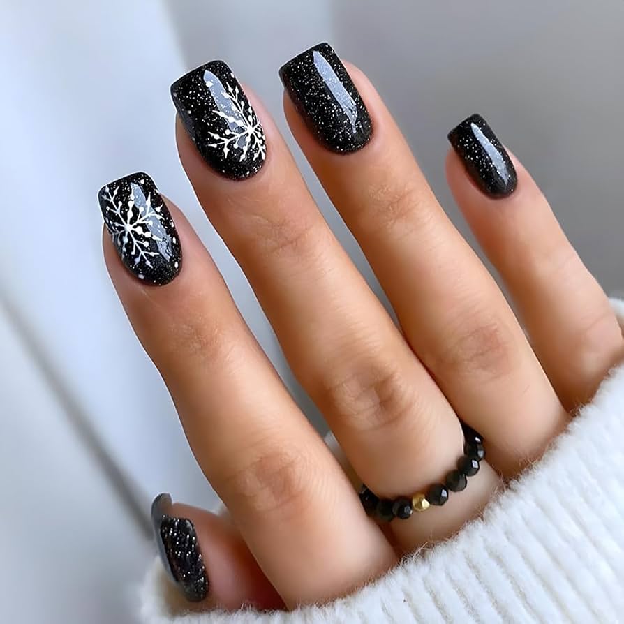 Black Glitter with Snowflake Accents Black Glitter with Snowflake Accents — Short Winter Acrylic Nails