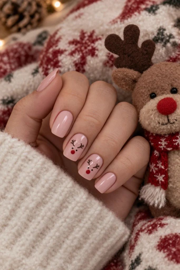 Short Square Reindeer Face Nails Short Square Reindeer Face Nails — Simple Christmas Nails 2026