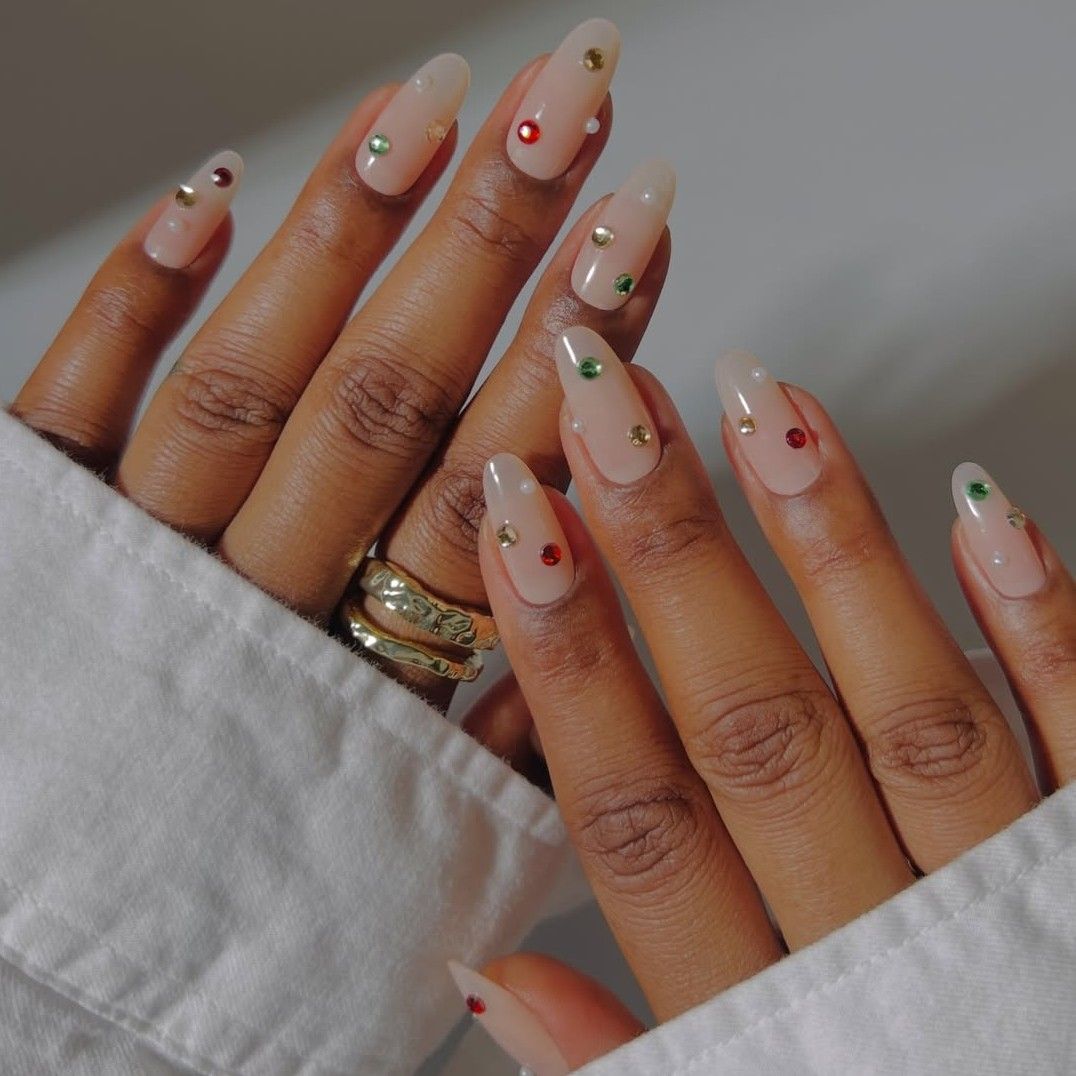 Nude Rhinestone Studded Nails Nude Rhinestone Studded Nails — Winter Work Nails
