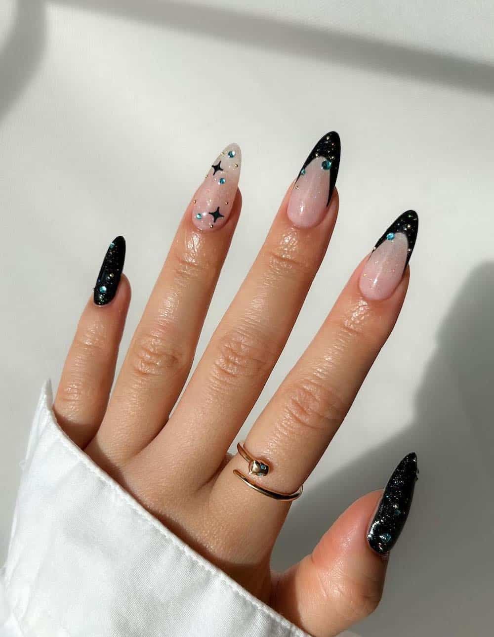 Black Blue Glitter Tip Almond Nails — New Years Almond Nails 2027