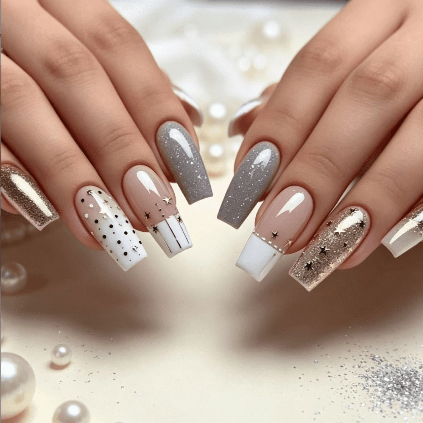 Gold Glitter and Star Accents Long Coffin Nails Gold Glitter and Star Accents Long Coffin Nails — Medium Christmas Nails 2026
