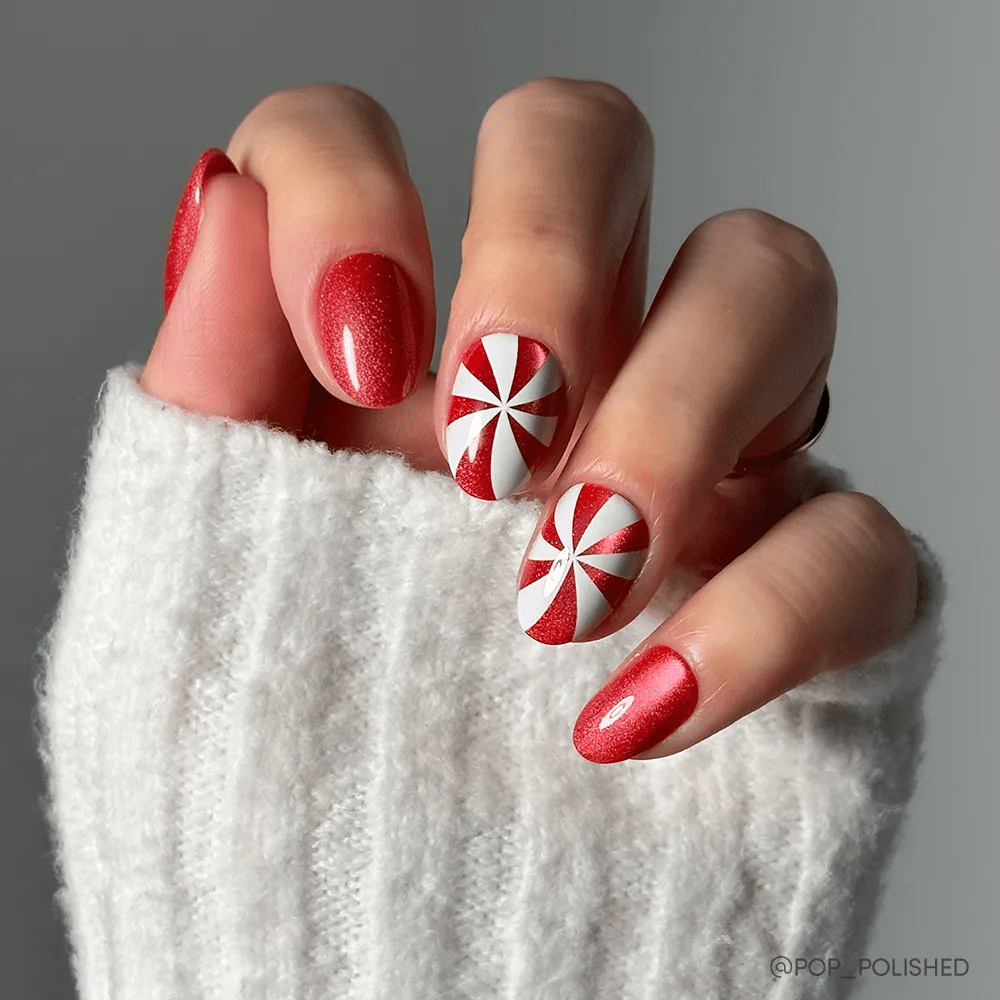 Vibrant Red Glitter Candy Cane Oval Nails Vibrant Red Glitter Candy Cane Oval Nails — Cherry Red Christmas Nails 2026