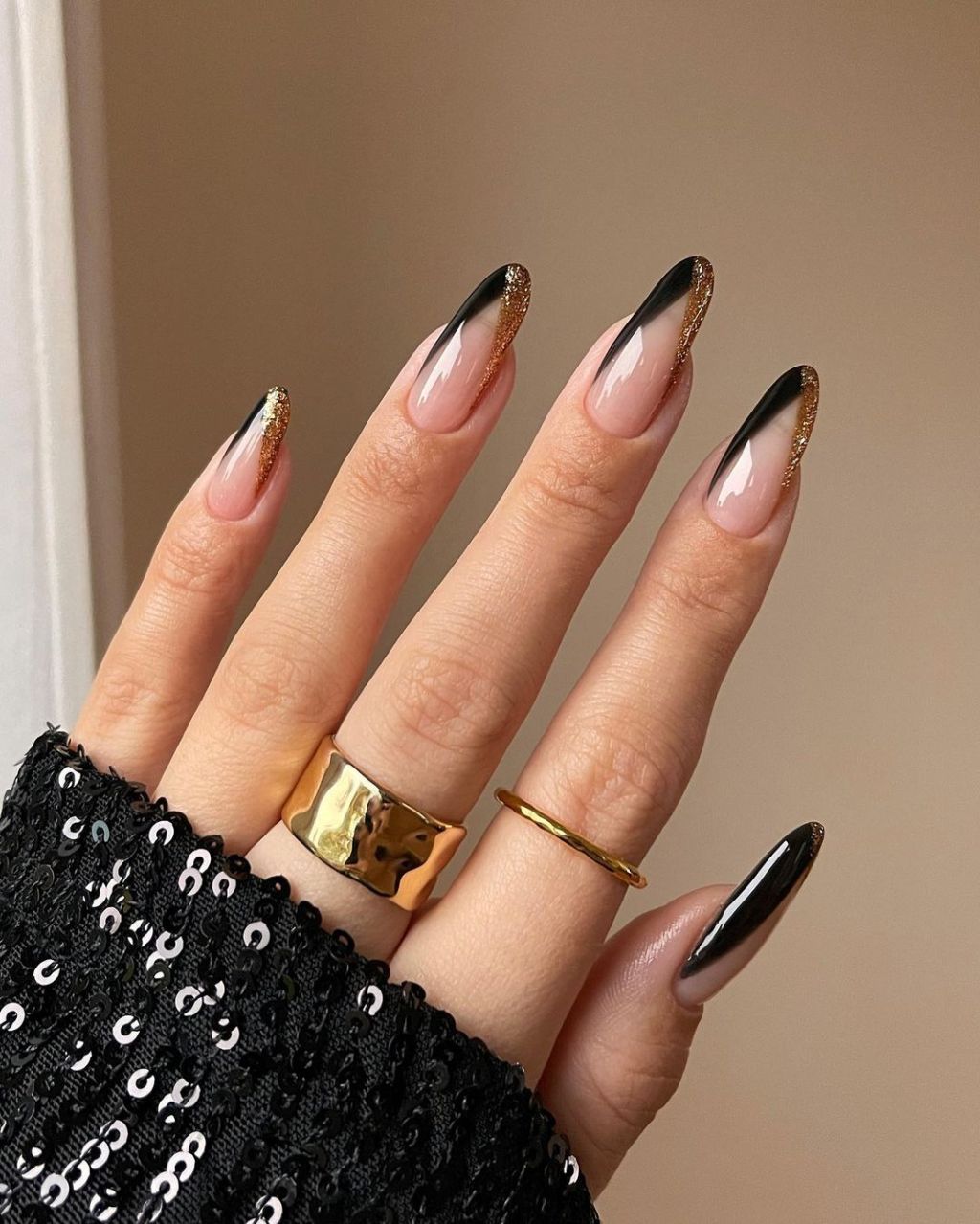 Black Tip Gold Glitter Long Almond Nails Black Tip Gold Glitter Long Almond Nails — Minimalist New Years Nails 2027