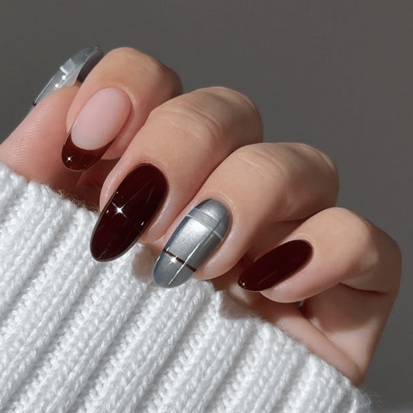 Burgundy French Tip with Plaid Accent Burgundy French Tip with Plaid Accent — Winter Plaid Nails