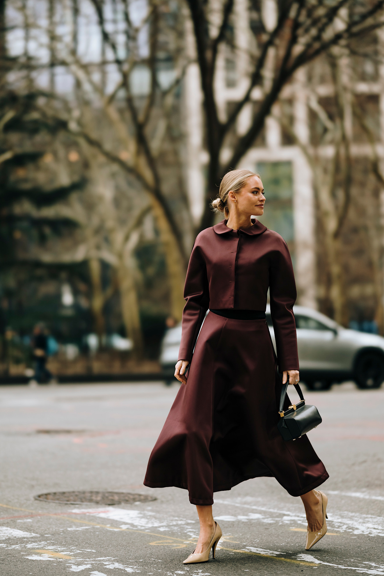 Burgundy Set: Cropped Jacket and Flared Midi Skirt — Fall to Winter Outfits