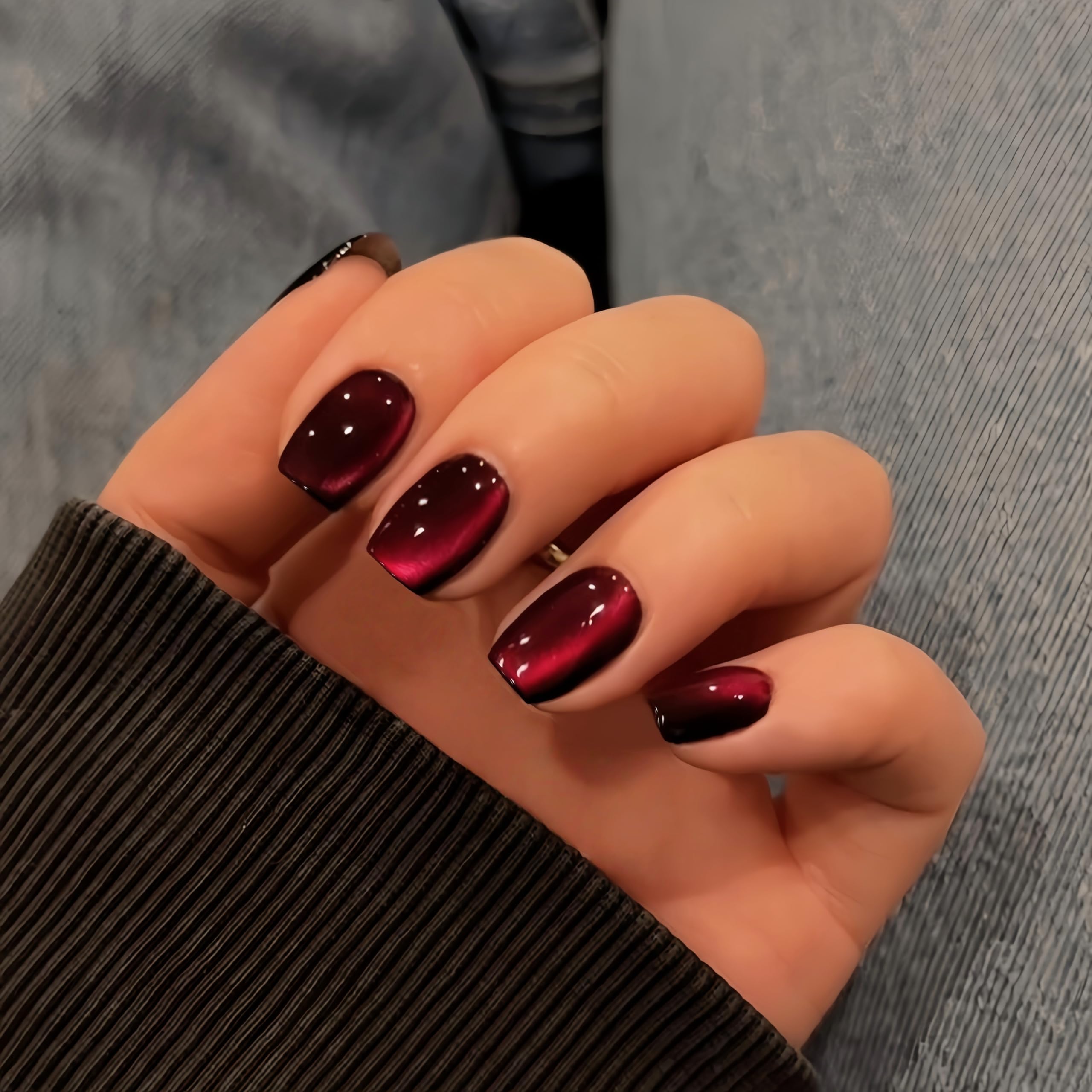 Glossy Black Cherry Cat Eye Short Square Nails Glossy Black Cherry Cat Eye Short Square Nails — Black Cherry Nails
