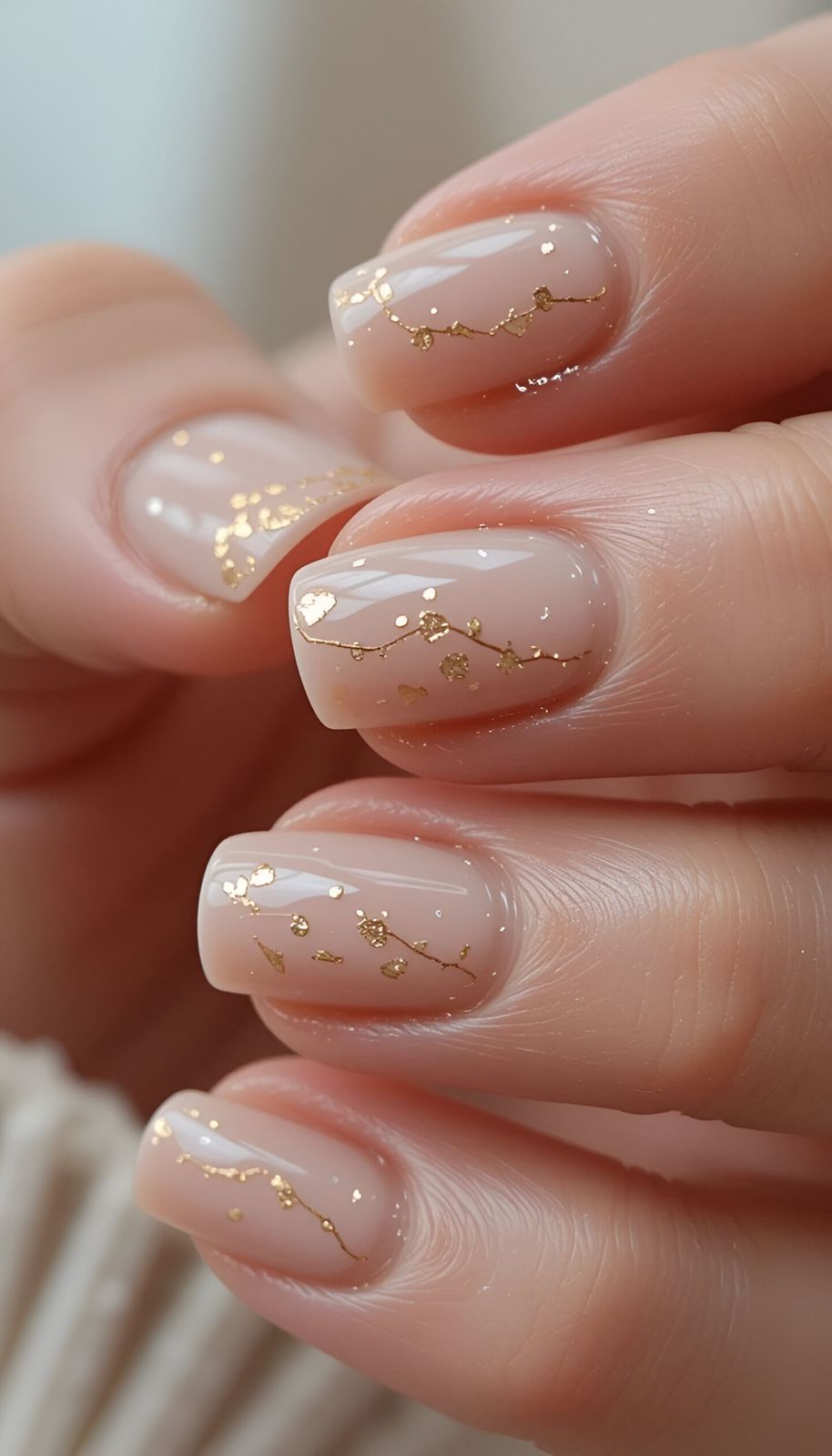 Short Square Nude Gold Foil Vine — Winter Champagne Nails