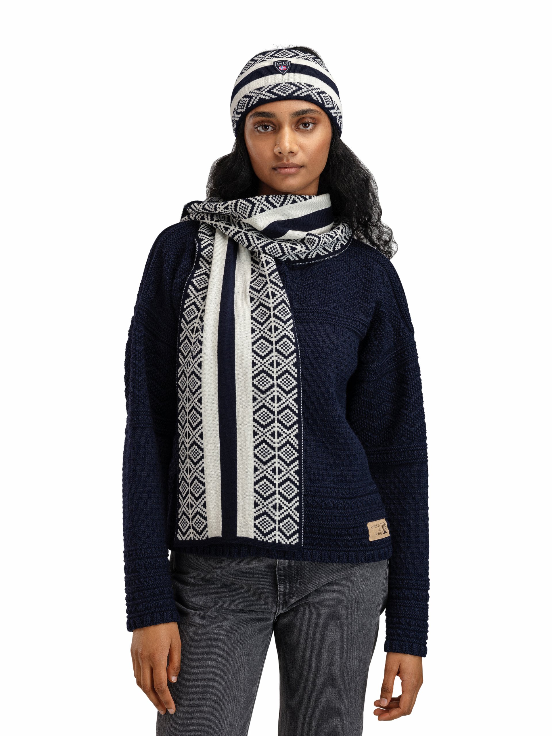 Navy Knit Sweater with Matching Patterned Scarf and Headband for Coordinated Winter Style Navy Knit Sweater with Matching Patterned Scarf and Headband for Coordinated Winter Style — Nashville Winter Outfits