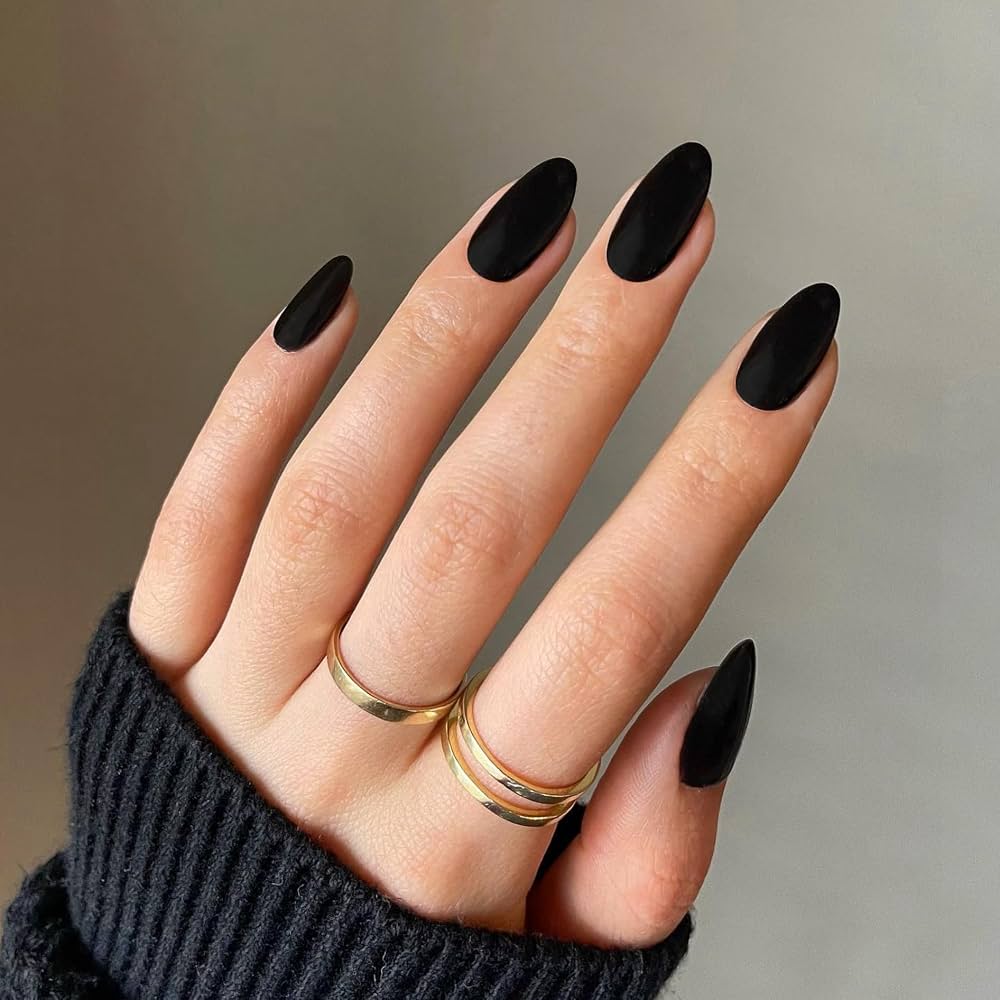 Glossy Black Medium Almond Nails Glossy Black Medium Almond Nails — Short Winter Oval Nails
