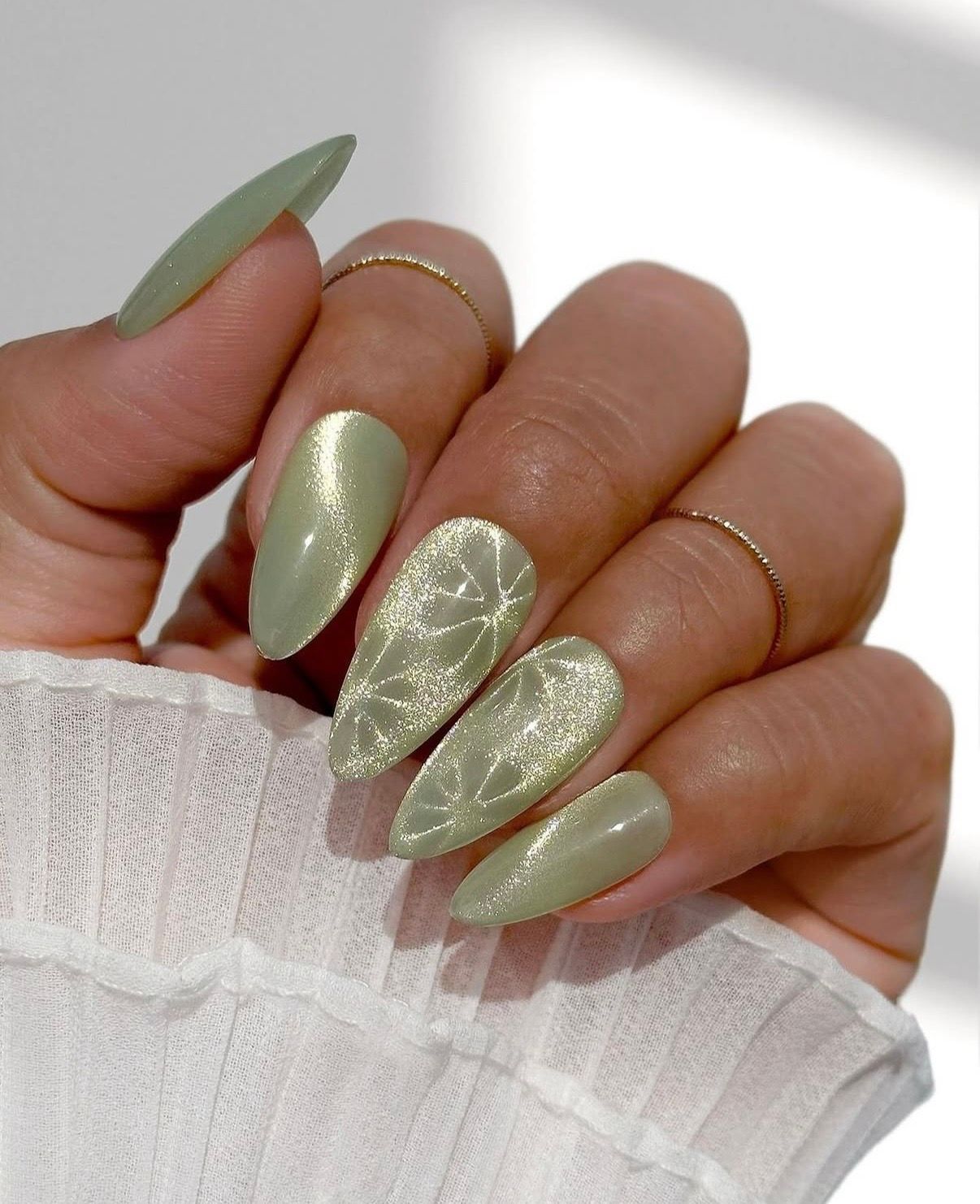 Sage Green Satin Cat-Eye Oval Nails — New Years Acrylic Nails 2027