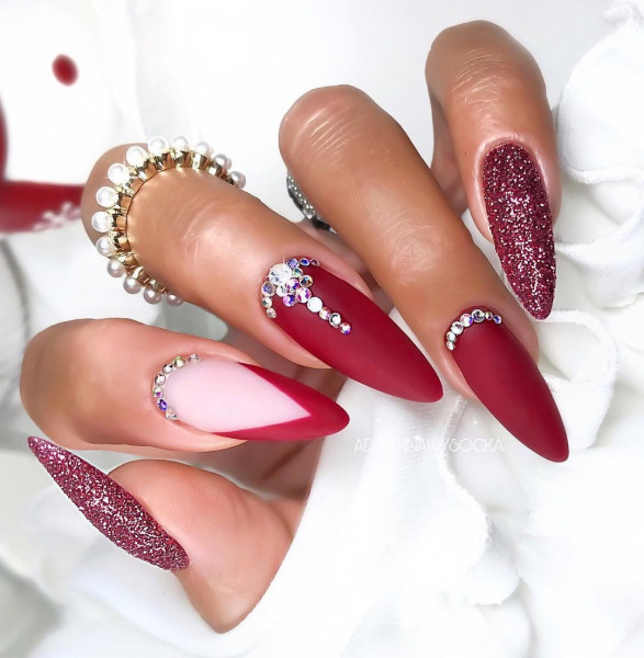 Matte Deep Red Stilettos with Rhinestones and Glitter Matte Deep Red Stilettos with Rhinestones and Glitter — Cherry Red Nails