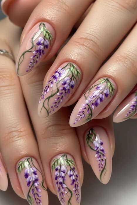 Wisteria Floral Long Almond Wisteria Floral Long Almond — Winter Lavender Nails