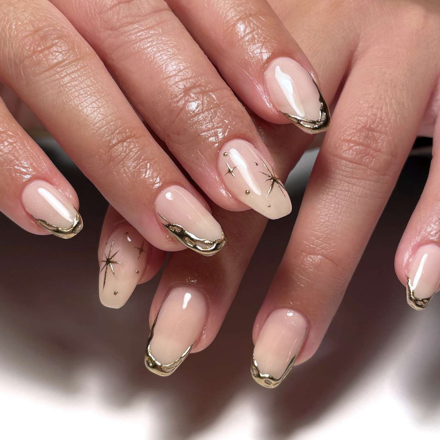 Nude Gold French Tips with Star Accents Nude Gold French Tips with Star Accents — Easy New Years Nails 2027