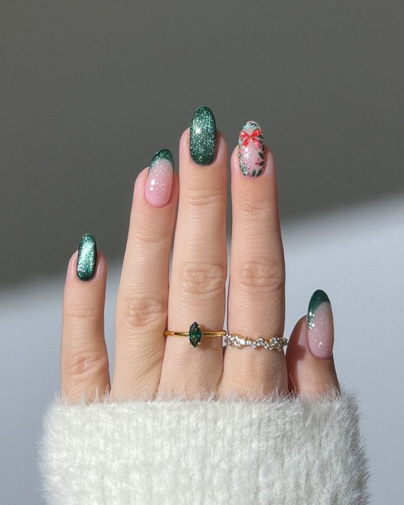 Sheer Pink French with Sparkly Green Accent — Green Christmas Nails 2026