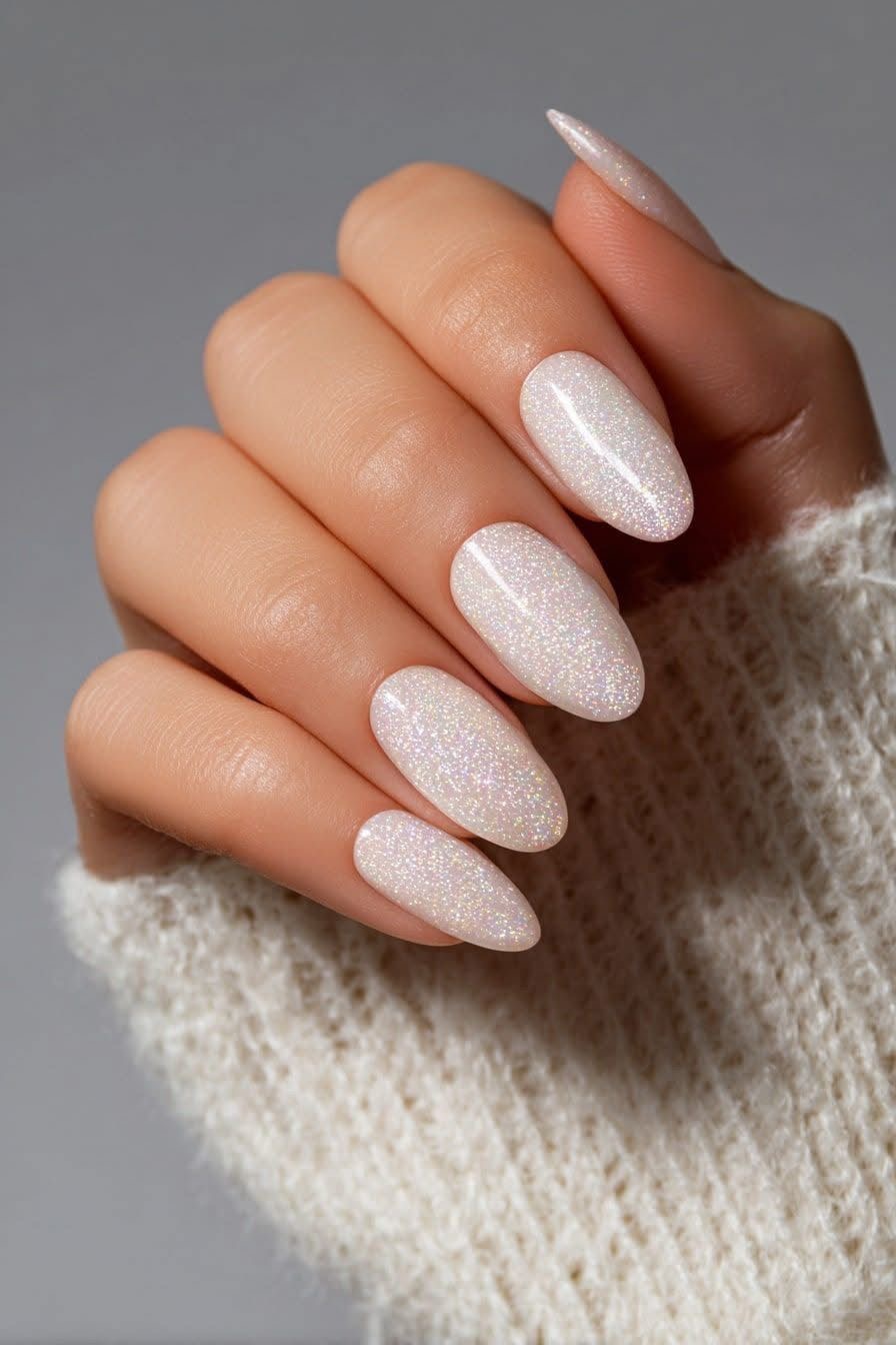 Pale Iridescent White Glitter Almonds Pale Iridescent White Glitter Almonds — Short Winter Almond Nails