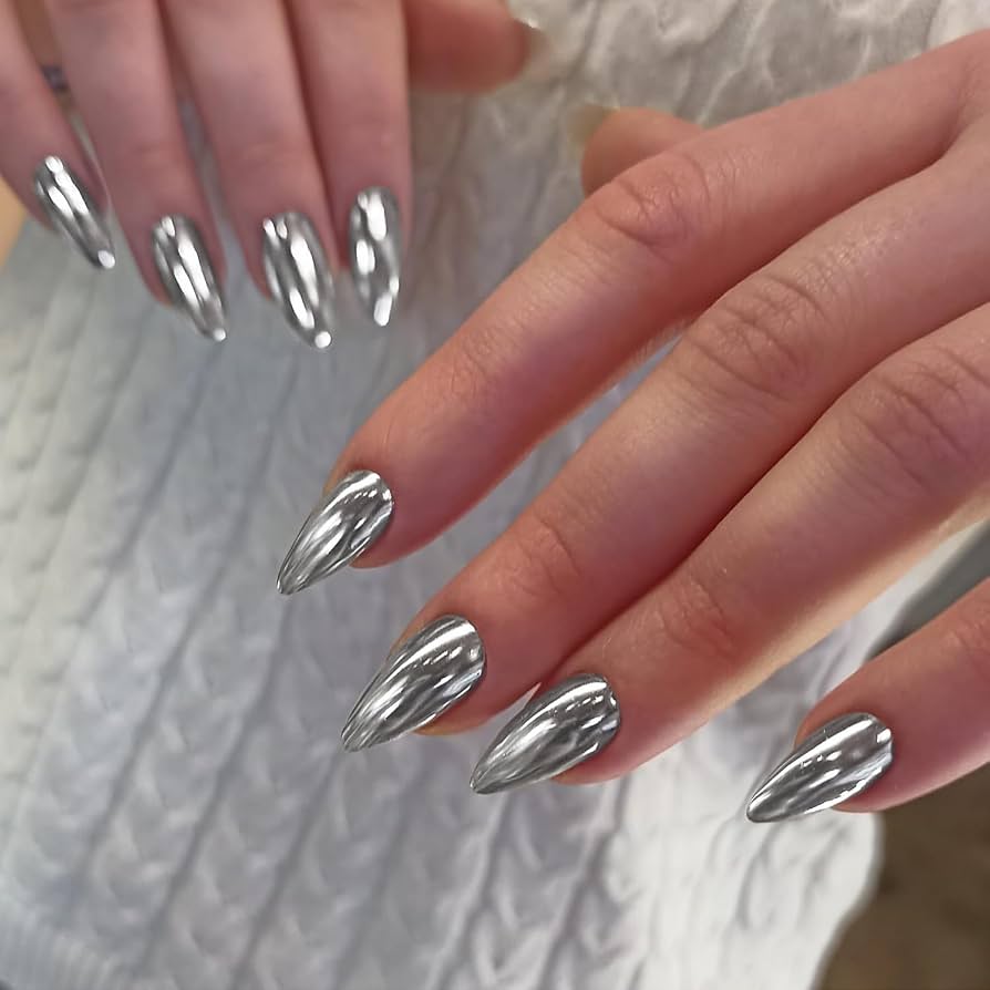 KQueenest Chrome Press On Nails - Metallic Silber Weiß Nägel zum Aufkleben Mittel Mandel, Spiegel Effekt Fake Nails Künstliche Fingernägel, Sparkle ...