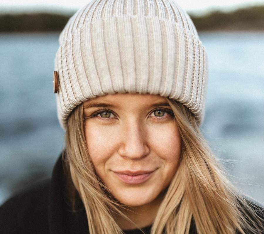 Shoulder Length Blonde Layers With Beanie — Winter Hat Hairstyles