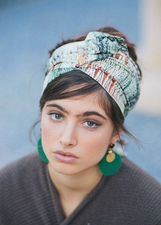 Dark Brown Updo with Wispy Bangs Dark Brown Updo with Wispy Bangs — Winter Hairstyles with Scarf
