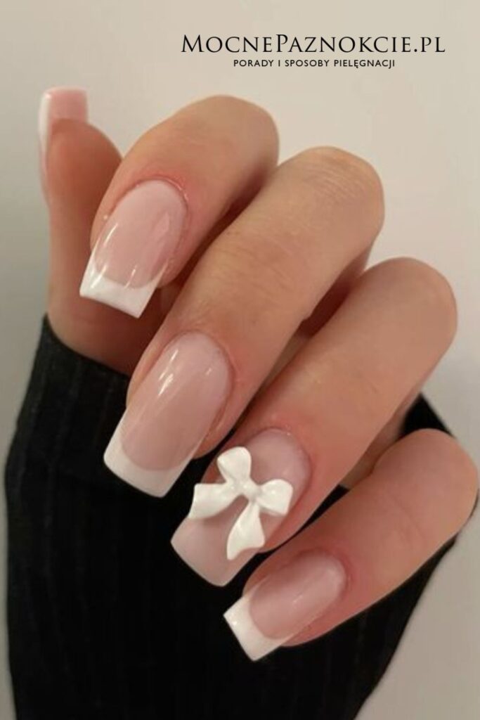 Long Square French with 3D White Bow Long Square French with 3D White Bow — Winter Bow Nails
