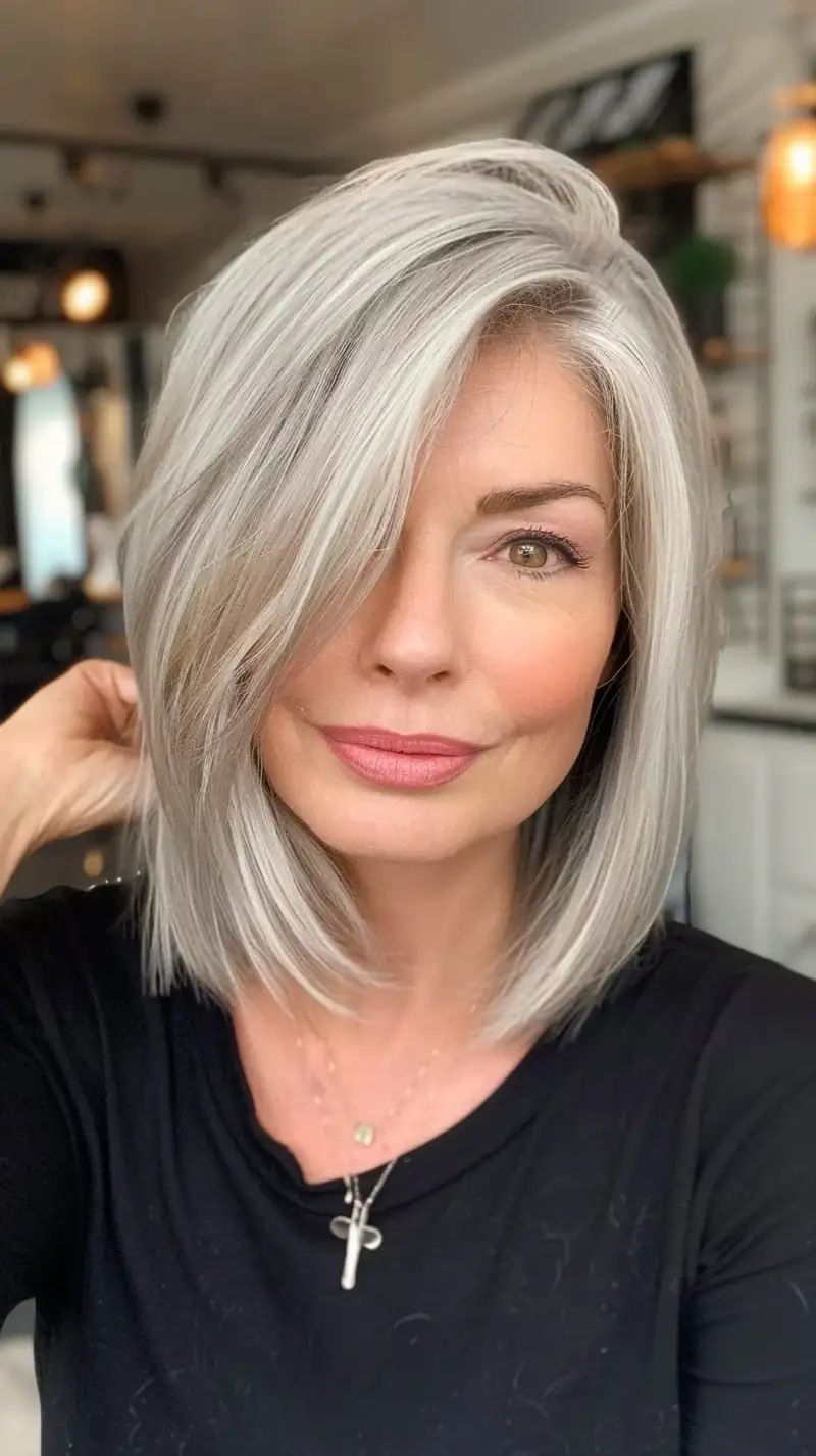 Angled Bob With Silver Grey — Winter Haircuts for Oval Faces
