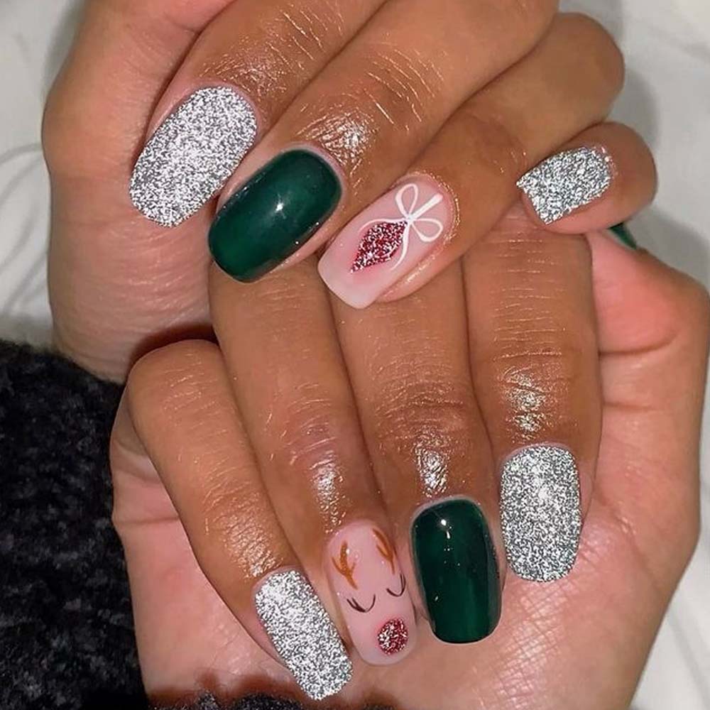Festive Glitter and Reindeer Square Nails Festive Glitter and Reindeer Square Nails — Christmas Nails for Teens 2026