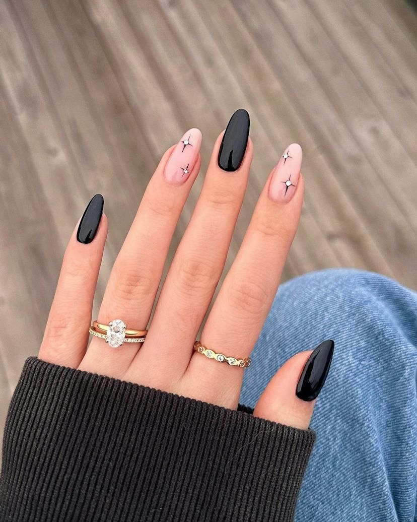 Black and Starry Pink Oval Nails — Simple New Years Nails 2027