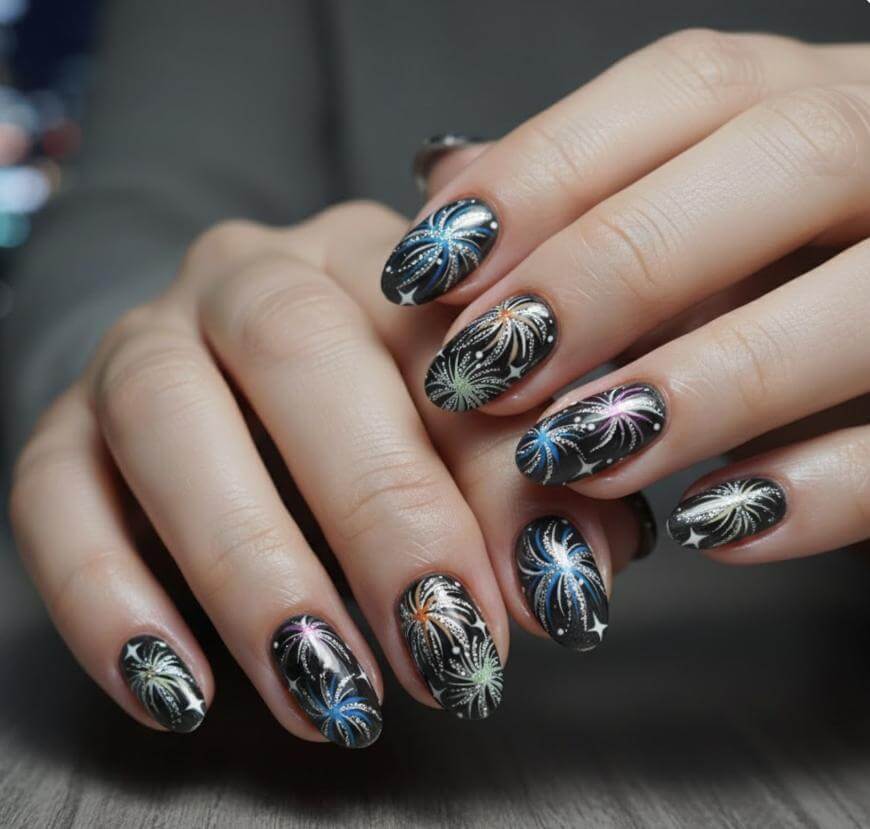 Medium Oval Black Multi-Colored Firework Nails Medium Oval Black Multi-Colored Firework Nails — New Years Eve Nails 2027