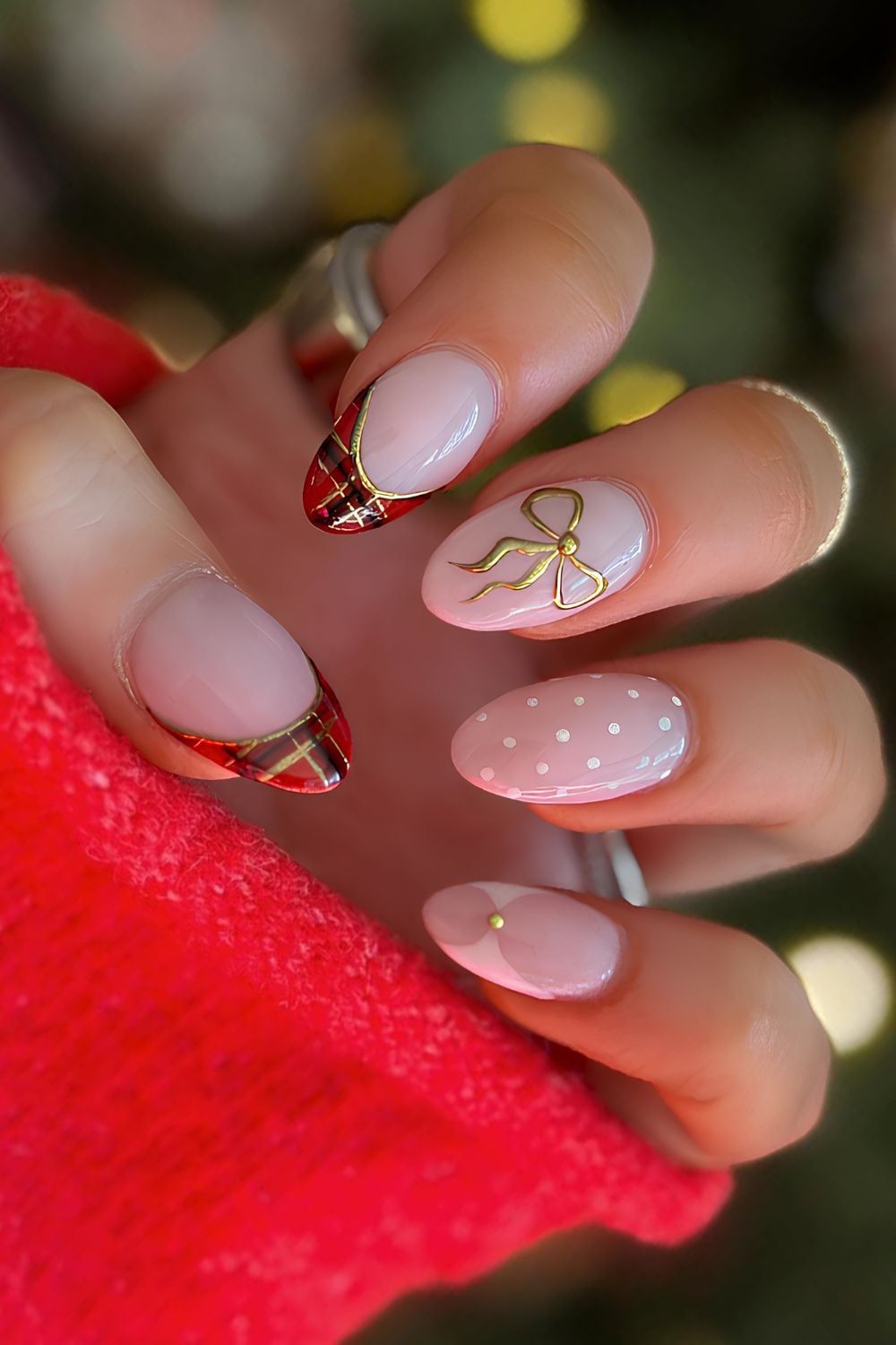 Plaid French Tips with Gold Bow Plaid French Tips with Gold Bow — Winter Nails for School