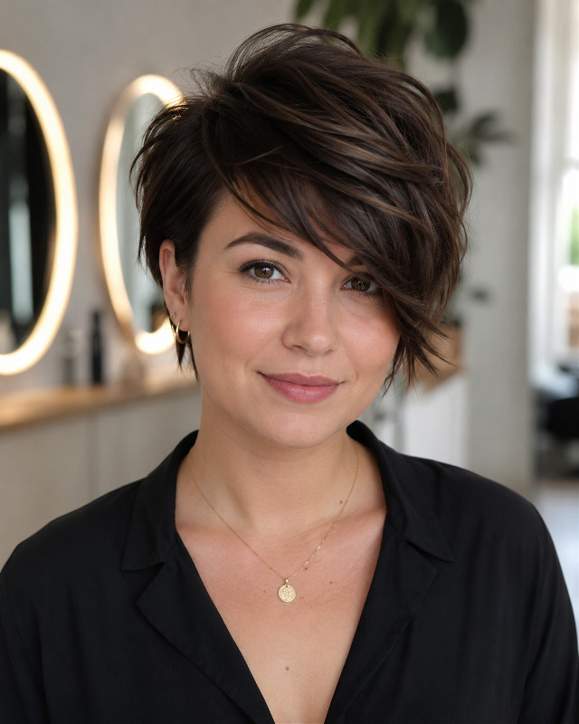 Edgy Asymmetrical Pixie With Side Bangs Edgy Asymmetrical Pixie With Side Bangs — Winter Haircuts for Round Faces