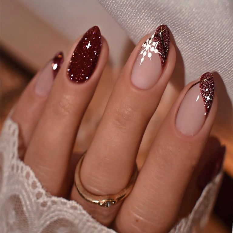 Burgundy Glitter Snowflake Almond Nails — New Years Almond Nails 2027