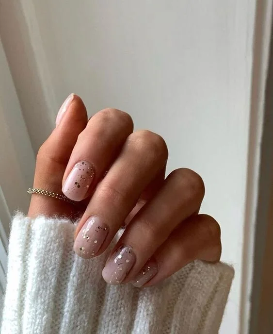 Sheer Nude with Scattered Gold Glitter Sheer Nude with Scattered Gold Glitter — Winter Nail Art Simple