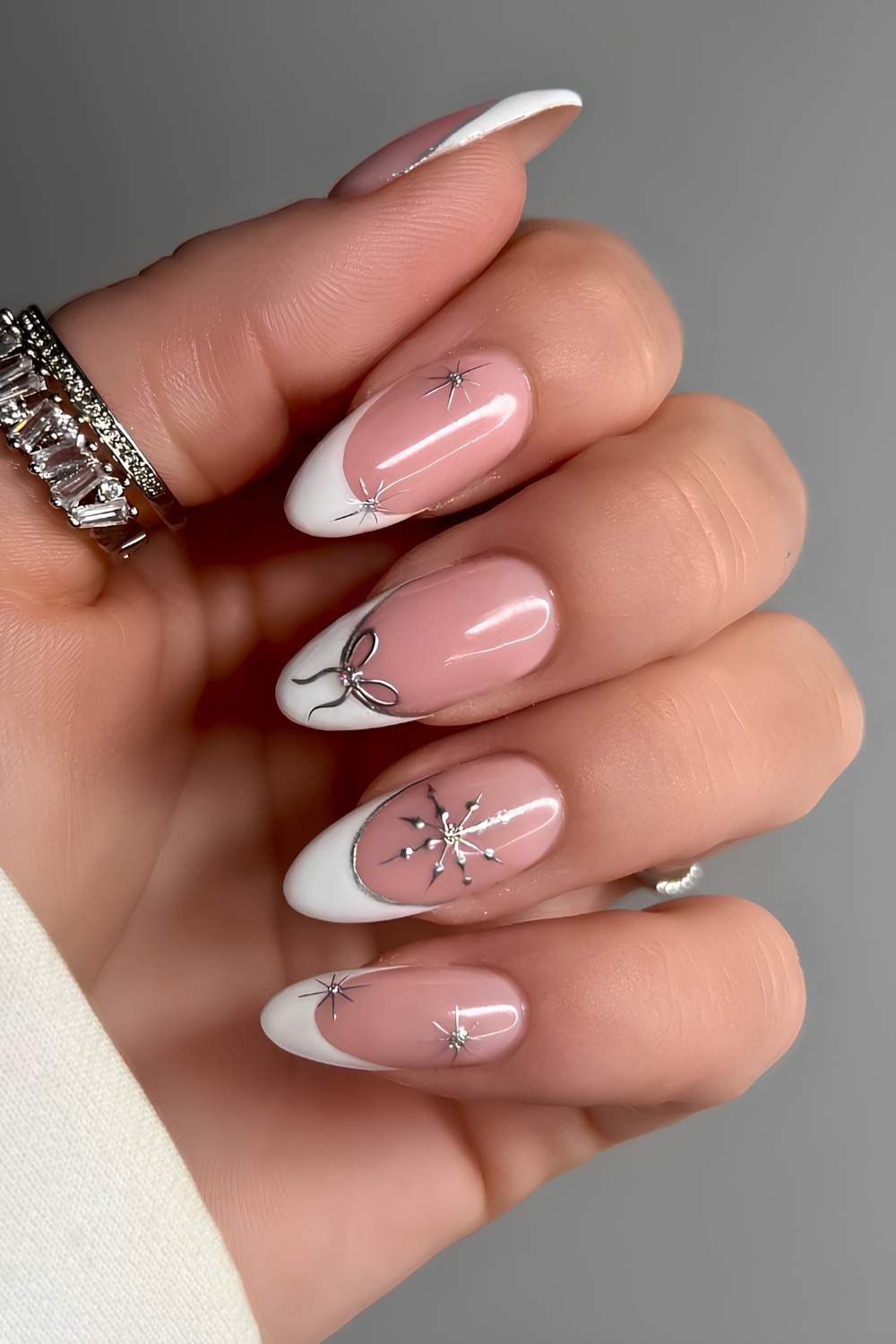 Silver Bow French Oval Nails Silver Bow French Oval Nails — Classy Christmas Nails 2026