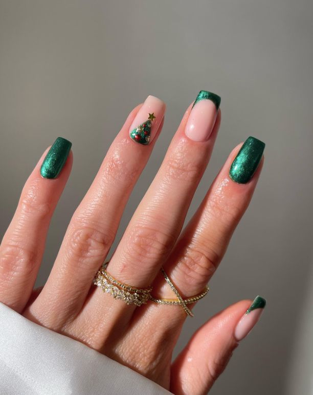 Nude Green Glitter French Christmas Tree Nails — Short Christmas Square Nails 2026