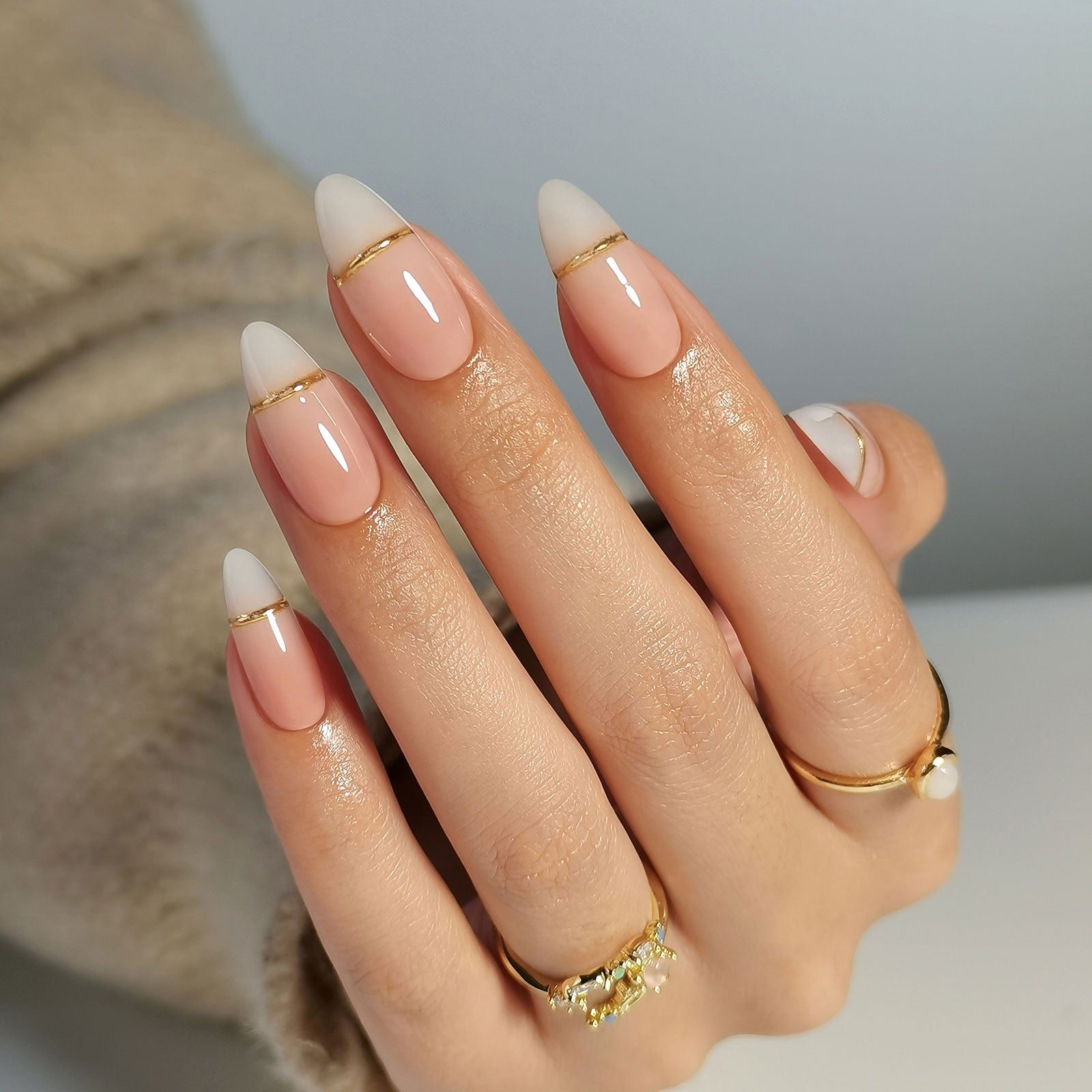 Gold Foil Cuticle Accent French Almond Nails Gold Foil Cuticle Accent French Almond Nails — Long Winter Almond Nails