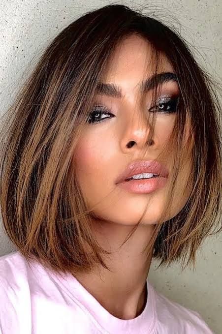Chin-Length Blunt Bob With Caramel Highlights — Chestnut Brown Hair