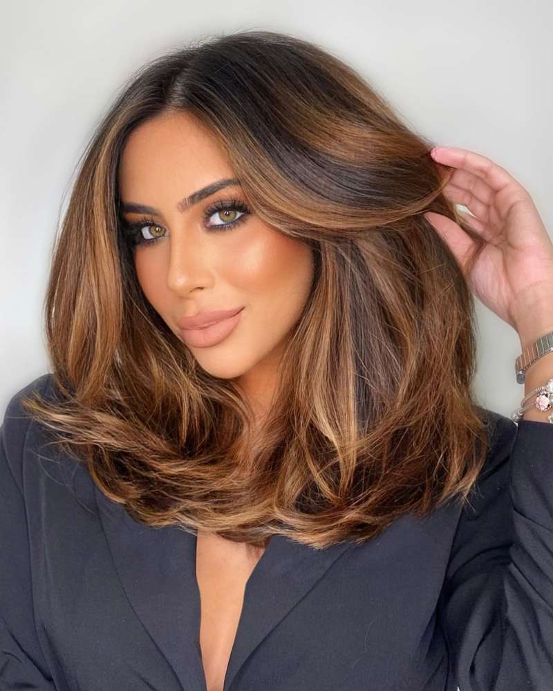 Mid-Back Dark Brown With Caramel Highlights Mid-Back Dark Brown With Caramel Highlights — Winter Haircuts for Women