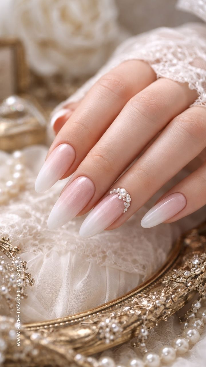 Pearl and Rhinestone Gradient Almonds Pearl and Rhinestone Gradient Almonds — Winter Pearl Nails
