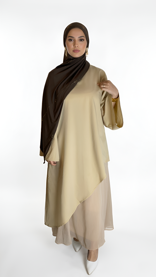 Beige Asymmetrical Tunic Over Sheer Skirt Beige Asymmetrical Tunic Over Sheer Skirt — Modest Winter Outfits