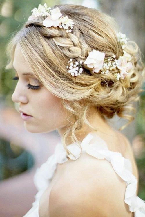 Ash Blonde Updo with Floral Crown — The Hair Appears To Be Shoulder Length — Winter Wedding Hairstyles