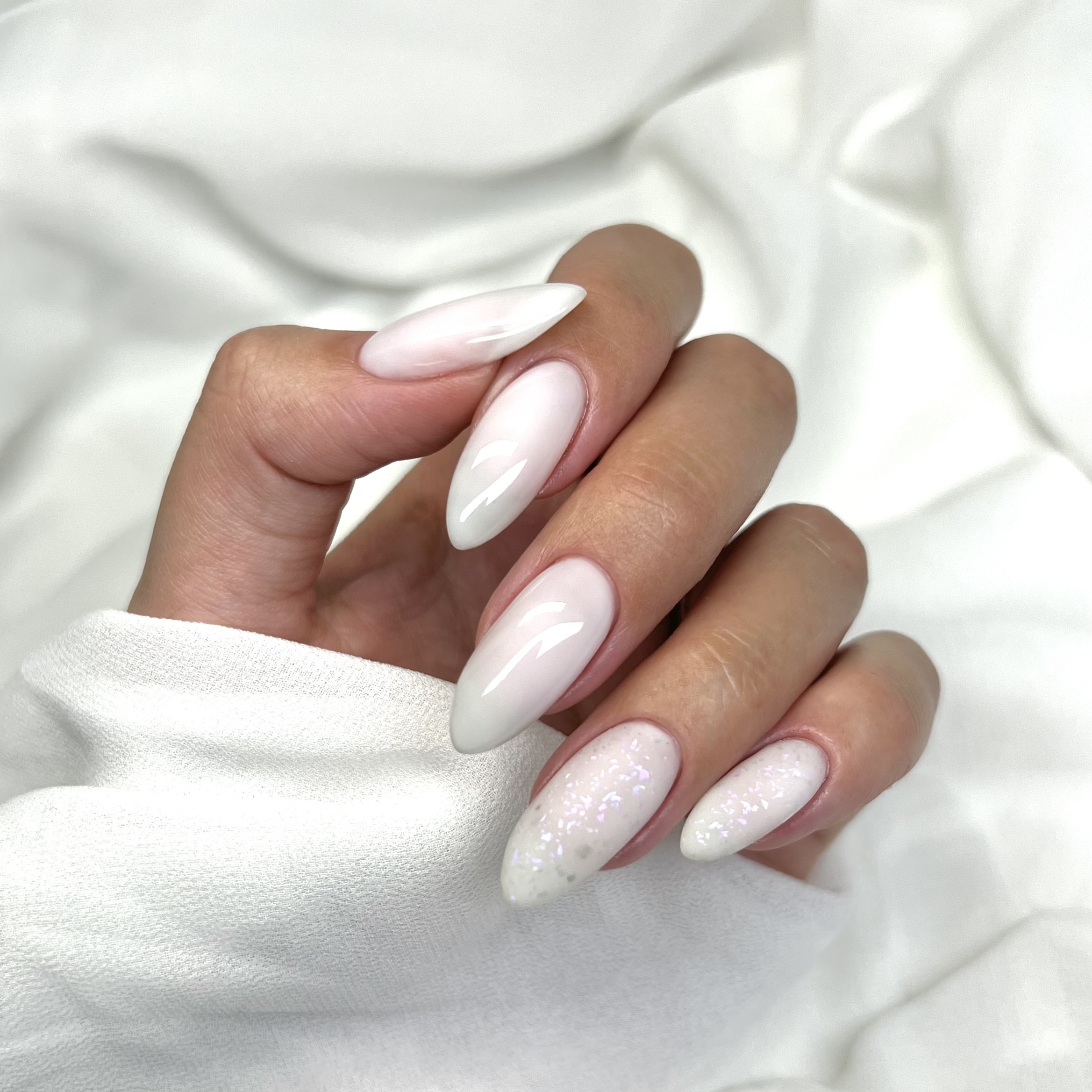Milky White Almond with Iridescent Glitter Milky White Almond with Iridescent Glitter — Milky White Nails