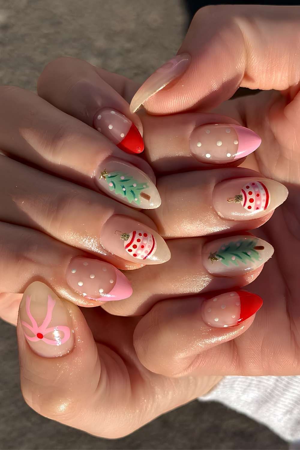 Milky White Red Christmas Motif Nails Milky White Red Christmas Motif Nails — Christmas Almond Nails 2026