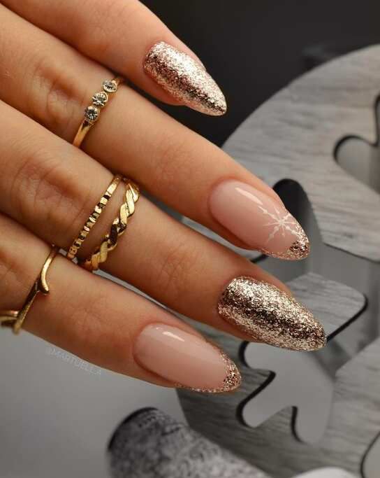 Glitter Glossy Gold Glitter Snowflake Almond Nails — New Years Almond Nails 2027