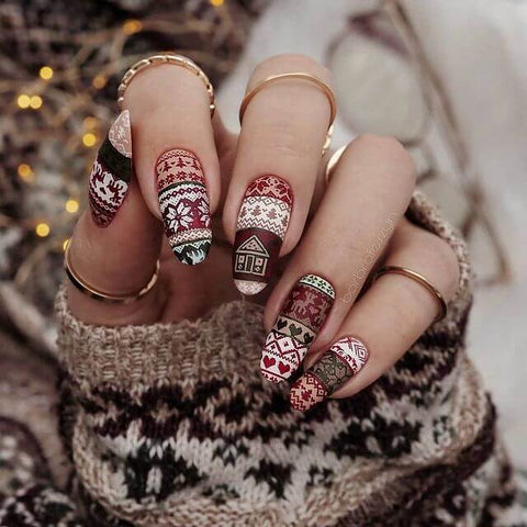 Burgundy Oval with Intricate Sweater Patterns Burgundy Oval with Intricate Sweater Patterns — Burgundy Christmas Nails 2026