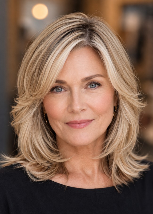 Champagne Blonde Layered Lob With Face-Framing Champagne Blonde Layered Lob With Face-Framing — Winter Haircuts for Women Over 50