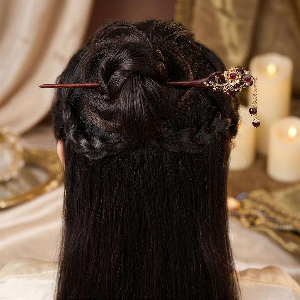 Dark Brown Updo With Ornate Stick Dark Brown Updo With Ornate Stick — Winter Party Hairstyles