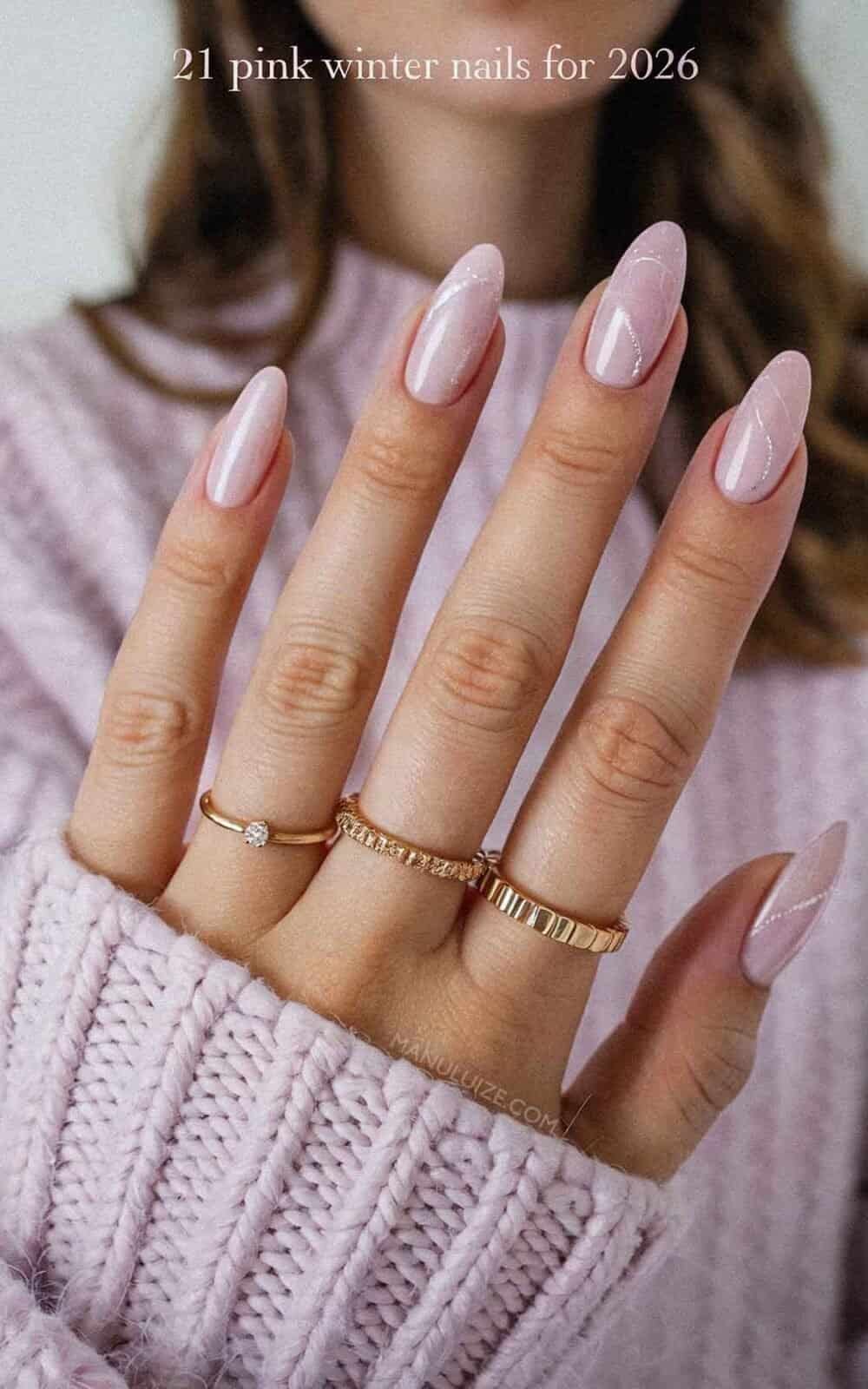 Milky Pink Silver Wavy Line Nails Milky Pink Silver Wavy Line Nails — Winter Work Nails