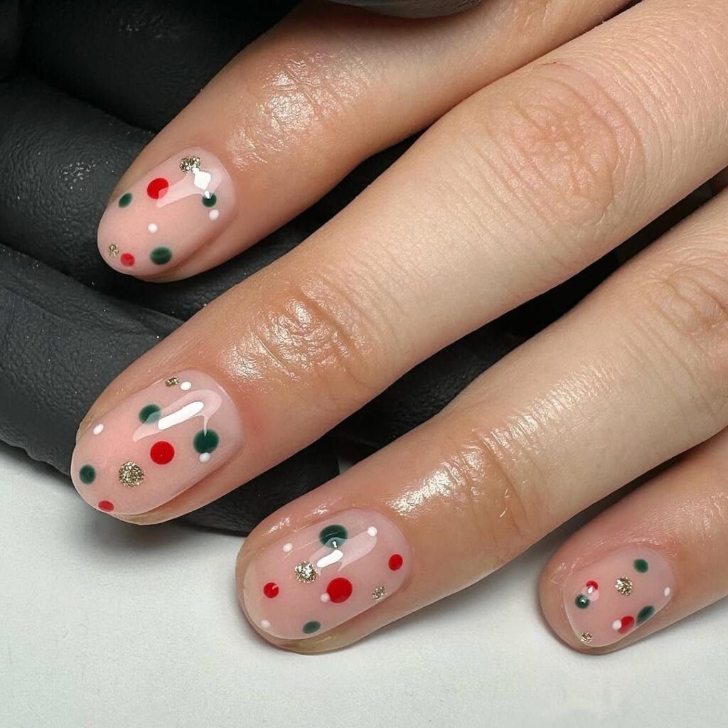 Nude Base Red Green Gold Glitter Dots Nude Base Red Green Gold Glitter Dots — Minimalist Christmas Nails 2026