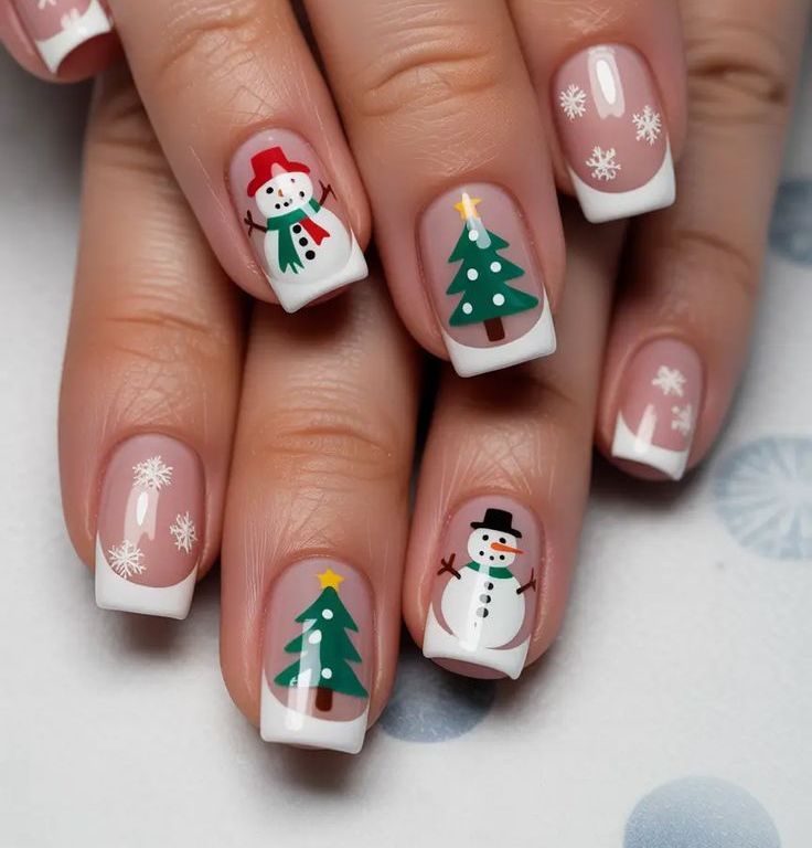 Nude French Snowman and Tree Nails Nude French Snowman and Tree Nails — Christmas Nail Designs 2026